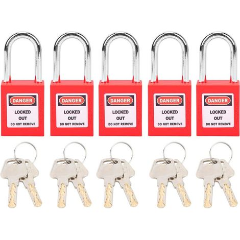Security padlocks, set of 5 small padlocks with 2 keys, PA LOTO, nylon and steel, for nuclear energy, logistics and transport (red) (1/5)