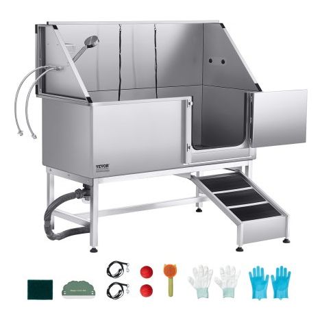 Baignoire de Chien Acier Inoxydable, Baignoire de Toilettage pour Animaux de Compagnie 150 cm Station de Lavage Chat, avec Rampe, Panneau Filtre à Eau, Robinet, Pommeau de Douche, Porte Droite (1/3)