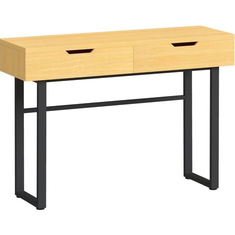 Mesa consola estrecha para recibidor con 2 cajones, estructura metálica, 110 x 35 x 76,5 cm, natural (1/5)