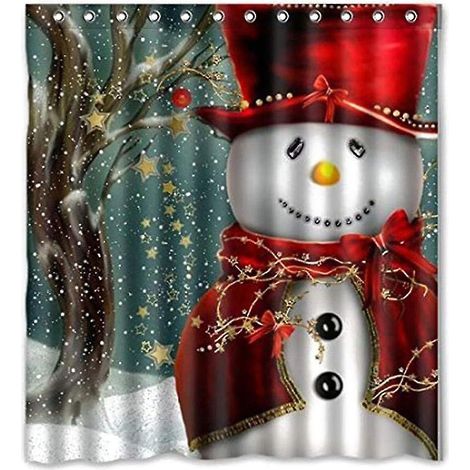 Rideau de douche imperméable en polyester avec crochets, motif bonhomme de neige de Noël, 180 x 180 cm (1/4)