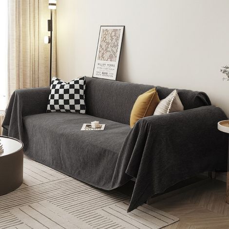 Ciel-Gris foncé 90x180 Housse de canapé en chenille, couleur unie, anti-griffures de chat, toutes saisons, couverture intégrale (1/3)