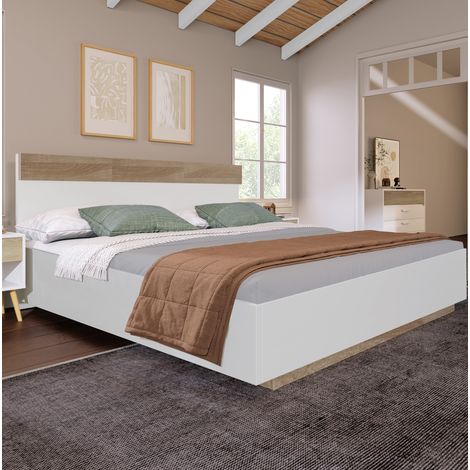 Cama doble 140/200 cm blanco y roble de madera con efecto flotante y somier incluido (1/5)
