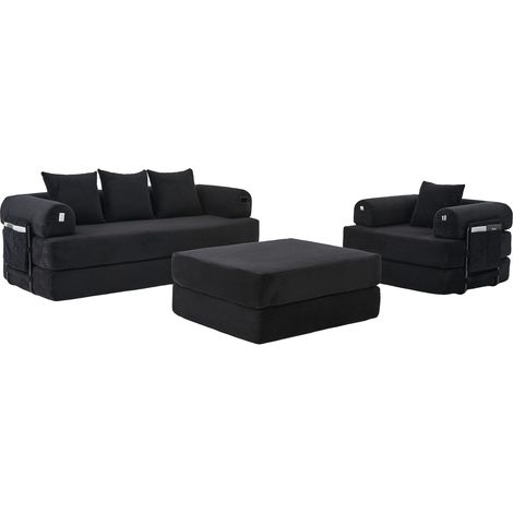 ELVMI Modulares 4-Sitzer-Sofa mit Hocker, Metallgestell, Seitentasche und 3 Kissen, aus Cord Schwarz (1/5)