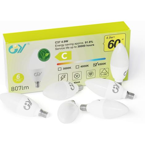 XEPHO GY Ampoule LED bougie C37 E14 4,9W 6500K blanc froid, 807lm, remplace 50W, non dimmable, classe énergétique C, lot de 6 (1/5)