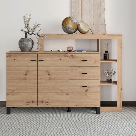 Credenza Valiza, Madia 4 Ripiani, 3 Cassetti, 6 Vani, 145x35x101h cm Marrone Rovere Nodi (1/5)