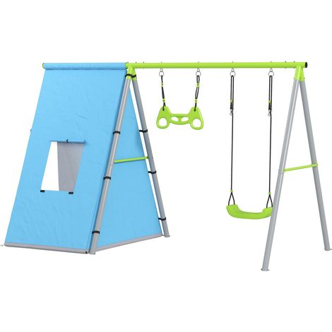 3 in 1 Schaukelgestell Outdoor Schaukelgerüst mit Spielzelt, Schaukel und Turnringe, Kinderschaukel mit Metallgestell, Gartenschaukel für Kinder Grün Aosom