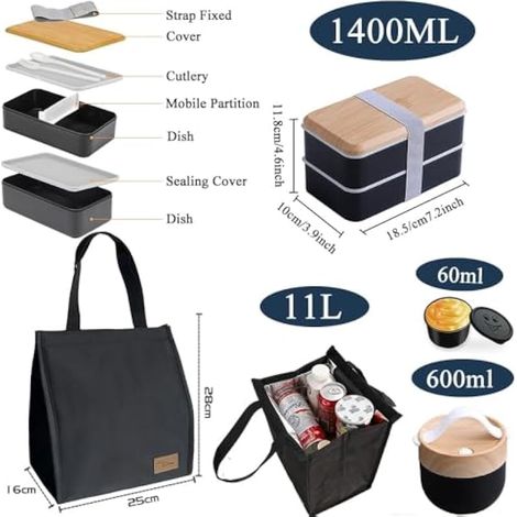 Bento Lunch Box, 1400ml Hermétique Boite Repas avec Sac Isotherme et Mug Soupe et Couverts, Lunchbox Micro Ondable, étanche Bento Adulte Enfant Travail école Bureau Pique Nique (Noir) (1/4)