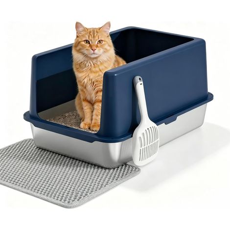 XXL Cat Litter Tray, Stainless Steel, Open, Blue (1/5)