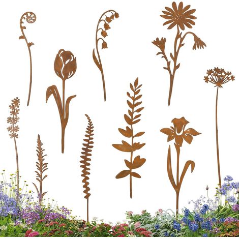 Decoración de Jardín, 10 Piezas Estacas de Jardín de Metal Oxidado, Estacas de Jardín de Metal Decoración Palo de Jardín Óxido, con Patrones de Plantas de Hojas de Helecho, para Terraza, Balcón, Exter (1/5)