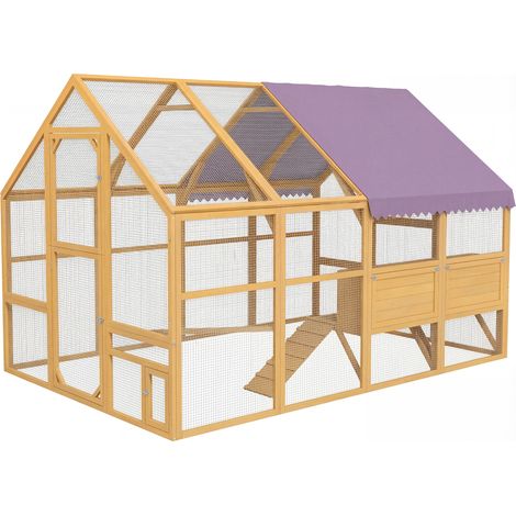 Poulailler en bois avec enclos verrou sécurité 4 pondoirs pour 8-12 poules jaune 2.8x1.8x1.9m