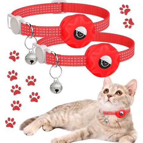 2 pièces - Collier réfléchissant pour chaton - Collier AirTag pour chat - Traceur GPS Apple Air Tag amovible - Collier de suivi léger - Rouge - Convient aux chats mâles, chatons et chiens (1/5)