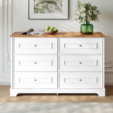 Commode de Rangement Style Campagne Blanc et Bois Naturel - Chiffonnier Sideboard avec 6 Tiroirs, Poignées Dorées et Motifs Croix de Grange - 120 x 40 x 76 cm (1/5)