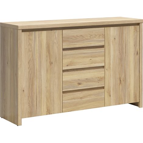 Commode meuble de rangement 2 portes et 4 tiroirs coloris chêne mauvella - Longueur 144 x Profondeur 40,5 x Hauteur 92 cm (1/5)