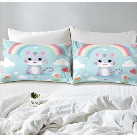 1 Parure de lit,Housse de couette,220x240cm,Motif chat dessin animé,Arc-en-ciel,Pour enfants (1/4)