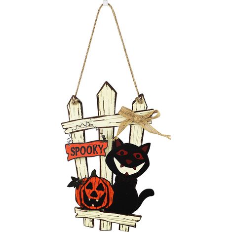 Décoration de porte en bois pour Halloween - Clôture avec chat noir, Décoration d'Halloween (1/5)