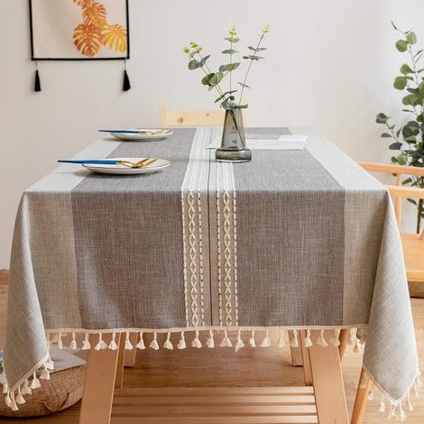 Nappe Rectangulaire Anti Tache Lavable Nappe de Table Coton Lin Nappe Brodé Gland Nappes pour Cuisine Table à Manger Décoration de Buffet (Double Bande Pompon, 140x180CM)