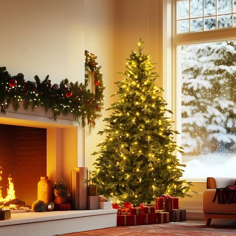 76 x 76 x 183 cm Sapin de Noël artificiel 6FT mélange PE-PVC, sapin prémonté intérieur cadeaux, sapin noble sapin de Nordmann épicéa, avec 250 lumières LED chaudes, support en métal et branches à char (1/5)