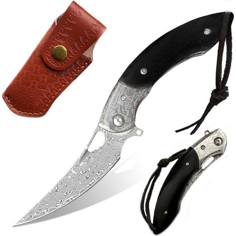 Damast Klappmesser mit Holzgriff und Lederscheide für Outdoor
