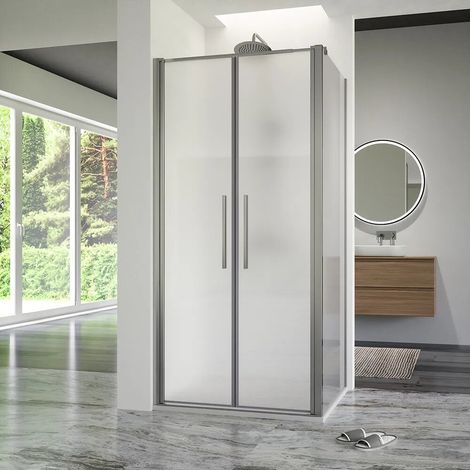 Cabine de douche 100x80 cm avec ouverture saloon et paroi fixe profilés chromés et verre opaque de 6 mm h195 Elba (1/4)