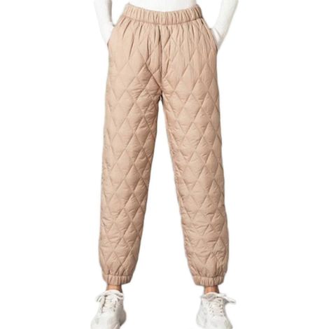 Pantalon de jogging matelassé en coton taille haute pour femme, style jogging, hiver, bouffant, taille haute, motif losanges-XL-Khaki (1/5)