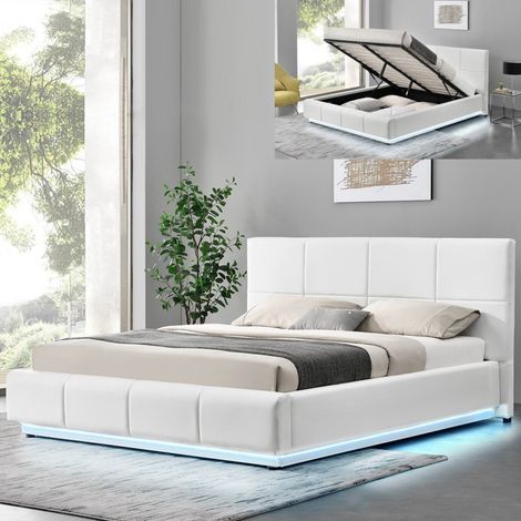 MEUBLER DESIGN Lit Design Alexi Avec Sommier Et Coffre De Rangement - Blanc - 140x190, Polyuréthane, Style Contemporain, 214 x 160 x 105 cm (1/4)