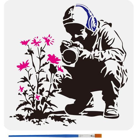 Pochoir de Peinture Avec Pinceau 30x30cm Casque Garçon Avec Appareil Photo pour Photographier Des Fleurs Modèle de Dessin Pochoir de Style pour Bois Mur Tissu Meubles (1/5)