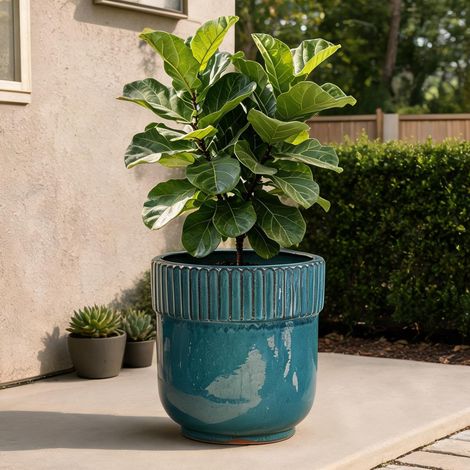 Pot de jardin en céramique turquoise Ø 38 cm avec bord nervuré (1/5)