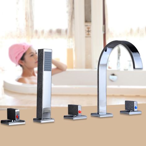 5 Loch Badewannenarmatur Wasserhahn Handbrause Wannenrand Armatur Chrom Set (1/4)