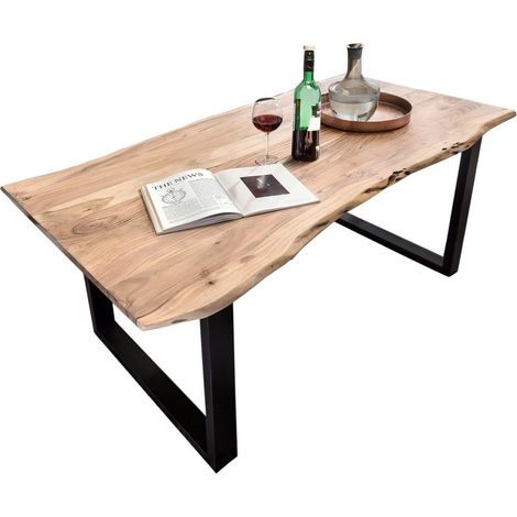 Table à manger en acacia naturel et piétement en fer 220x100 cm plateau 56 mm - PANGIVO (1/5)