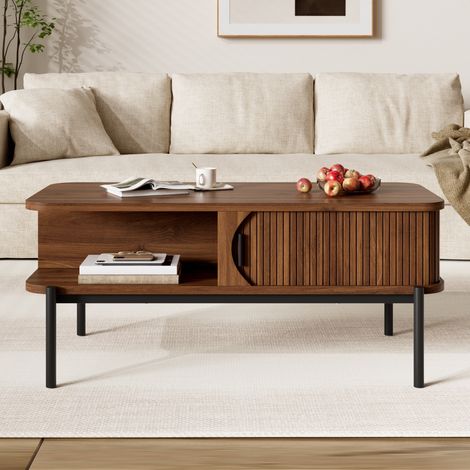 Couchtisch rechteckig 100 x 45 x 43 cm für wohnzimmer mit schiebetüren und stauraum mdf metall moderner retro stil - walnuss und schwarz (1/5)