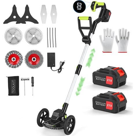Débroussailleuse sans fil 850 W 5 en 1 avec écran LCD et roues, kit de coupe-bordures télescopique avec 2 batteries de 4,0 Ah et 5 lames pour pelouse, mauvaises herbes, arêtes et bords (1/5)