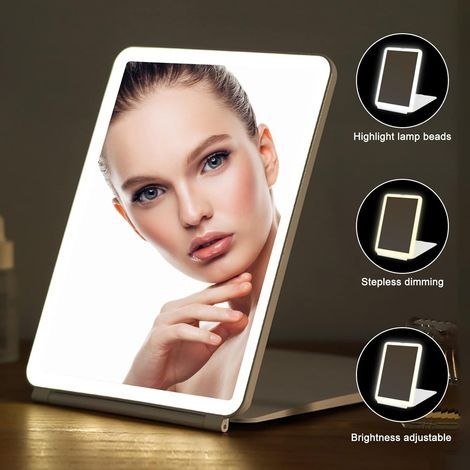 Wiederaufladbarer Kosmetikspiegel mit Beleuchtung: Tischspiegel mit 72 LEDs, verstellbarem Touchscreen mit 3 Lichtfarben (1/4)