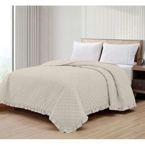 Copriletto Trapuntato Con Frill Matrimoniale Trapuntino Tinta Unita Due Piazze Con Balze Coperta Leggera Primavera Estate Trapunta Coperta Leggera Con Balza Applicata Panna - Matrimoniale (1/4)
