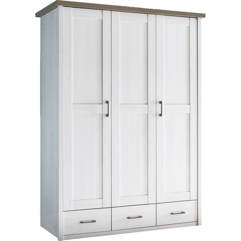 Kleiderschrank LUND-78, Landhaus Design, in Pinie weiß Nb./Trüffel Eiche Nb., B/H/T: ca. 148/201/62 cm