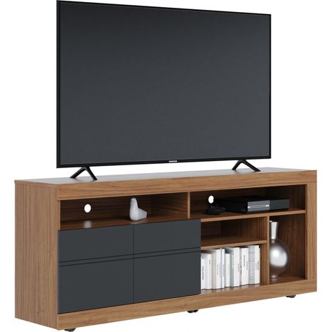 Beaux Meubles Pas Chers – Meuble TV moderne 160 cm en chêne et anthracite – 2 portes – 6 niches – Roulettes avec frein – Supporte TV jusqu'à 35 kg (1/5)