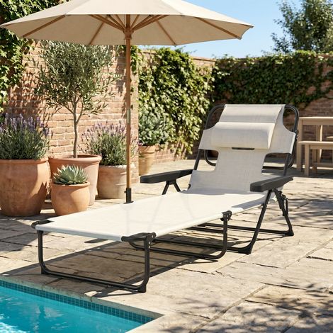 Chaise longue jardin pliante dossier ajustable 4 positions, avec espace lecture et repose-tête 72 x 194 x 89 cm crème (1/5)