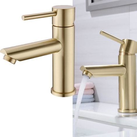 Waschtischarmatur aus gebürstetem Messing mit goldfarbenem Einhebelmischer, kurzem, goldfarbenem Mehrfarbenhebel. BADEZIMMERARMATUREN (1/3)