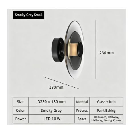 Applique Murale LED Moderne en Verre Fumé 230mm, Luminaire Décoratif Rond pour Chambre à Coucher et Salle à Manger, Design Minimaliste Créatif