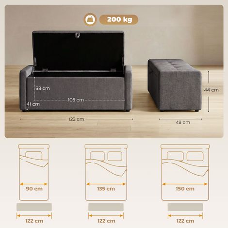 Repose-pieds coffre 142 L, assise large rembourrée en lin, charge maximale 200 kg, gris foncé (1/5)