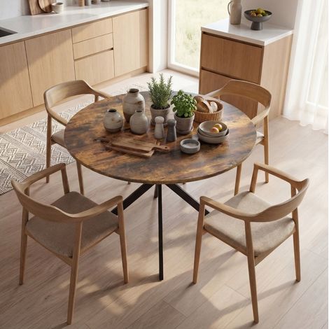 Mesa de comedor redonda de 100 cm para 4 personas, estilo industrial, madera y acero OKMYHOME (1/5)