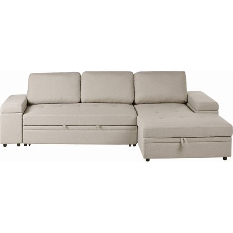 Corner Sofa Bed Beige Faux Linen Upholstered Left Hand Orientation with Storage Bed HRISEY (1/5)