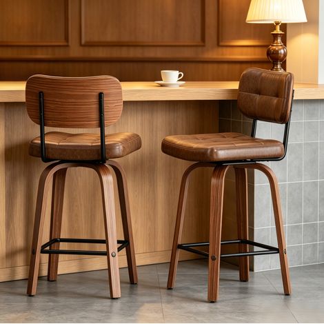 Sgabello da bar con schienale ergonomico, design scandinavo, rivestimento in PU, legno e metallo, marrone noce (1/5)