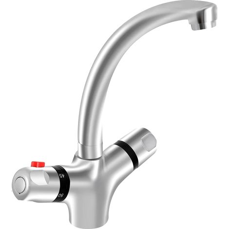Robinet de Salle de Bain, Design Thermostatique, Fonctionnement à Double Poignée, Argent (1/2)