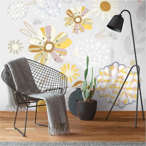 Photo wallpaper Profhome 392101 hot embossed non-woven wallpaper smooth with floral pattern matt grey yellow beige white 1.59 m x 2.8 m (1/4)