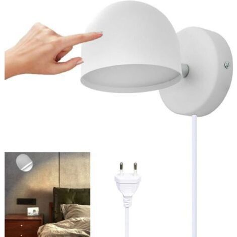 Applique Murale Intérieur LED 9W Avec Prise, Lampe Murale Tactile Dimmable Lampe de Chevet Rotatif 360°, 3000k Blanc Chaud Réglable Liseuse pour Salon, Chambre, Escalier, Couloir, Bureau,Blanc (1/4)