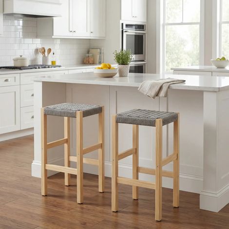 Wahson Set di 2 Sgabelli Cucina Sgabelli da Bar in Rattan, Bar Sgabelli Rustiche per Cucina Penisola/Ristorante, Grigio (1/5)
