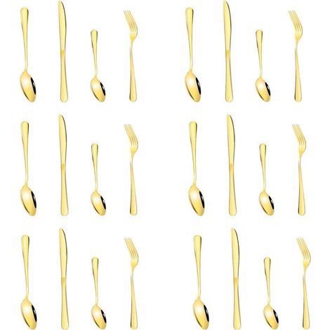Il set di posate da 24 pezzi in acciaio inossidabile color oro opaco è pensato per 6 persone, ha una finitura lucida a specchio e include coltello, forchetta e cucchiaio.