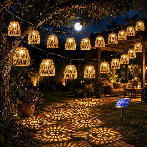 Guirlande lumineuse solaire 10 LED pour extérieur, lanterne solaire LED boule en rotin (1/5)