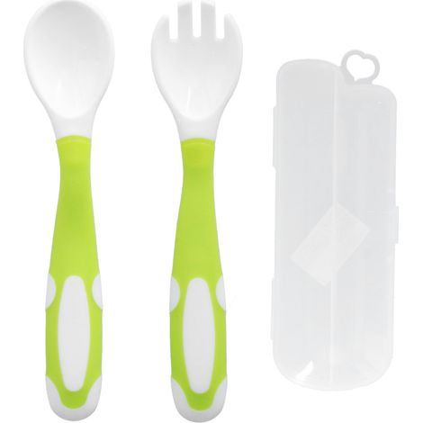 Lot de 4 cuillères et fourchettes bébé vertes, couverts d'apprentissage autonome pour tout-petits, poignée ergonomique facile à tenir. (1/5)