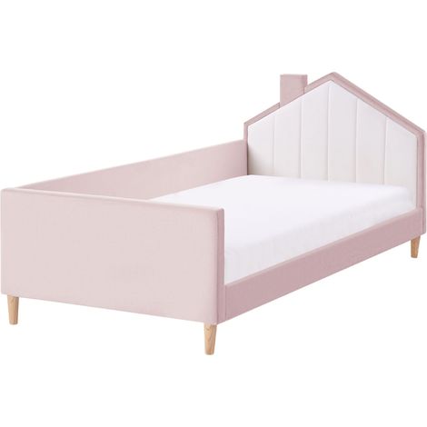 Bed Pink and White Velvet Upholstered Frame Headrest 3ft EU Single Size Bedroom Kids Room Modern Traditional KERVAN (1/5)